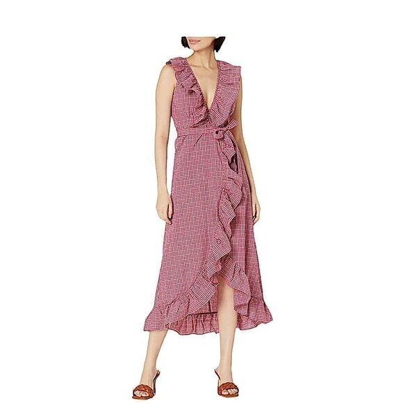 MISA Los Angeles Stella Gingham-Print Draped Ruffle Midi Wrap Dress Pink - Picture 8 of 16